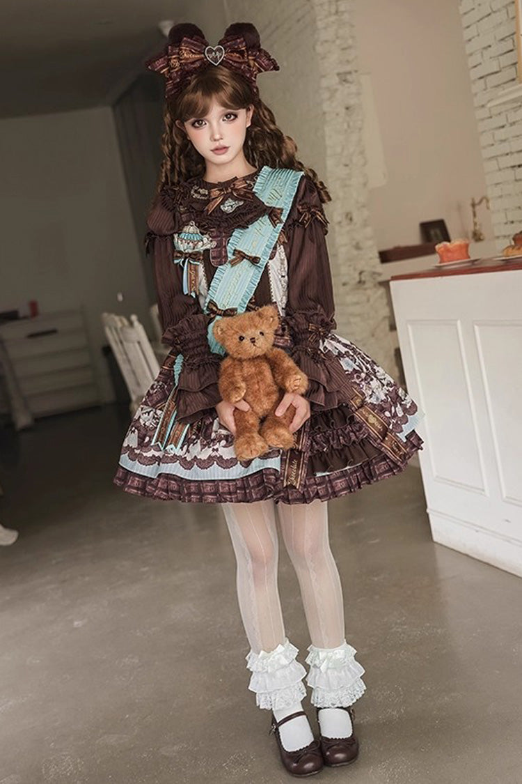 Brown [Teddy Bear Chocolate] Sleeveless Print Ruffle Side Cardigan Bowknot Asymmetric Sweet Lolita Strap Dress - Product - 11