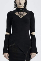 Black Gothic Stretch Knitted Fabric Spliced Geometric Mesh Design Women's Long Sleeve T-Shirt - Black - 1