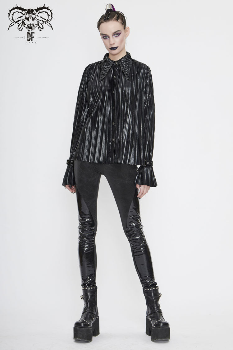 Black Metal Buckles Cuff Bright Pleated Pointed Collar Leather Loops Women's Punk Blouse - Product - 4