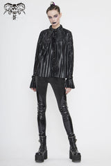Black Metal Buckles Cuff Bright Pleated Pointed Collar Leather Loops Women's Punk Blouse - Product - 4