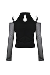 Black Off Shoulder Long Sleeves Lace-Up Mesh Women's Punk Top - Product - 12