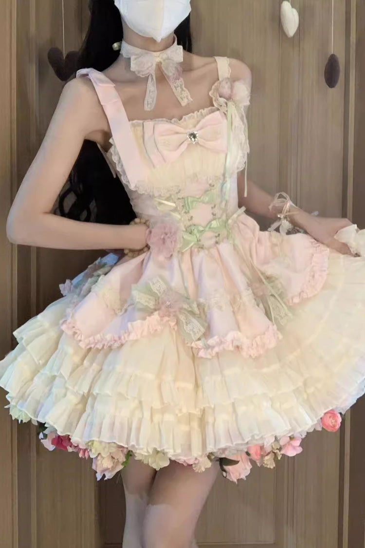 Pink/Ivory Ballet Style Garden Multi-layer Ruffle Bowknot Lace Sweet Lolita Jsk Dress - Product - 4