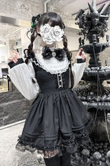 Black/White [Thorn Doll] Long Sleeves Ruffled Bow Pearl-Decorated Gothic Jirai Kei Dress - Black/White - 1