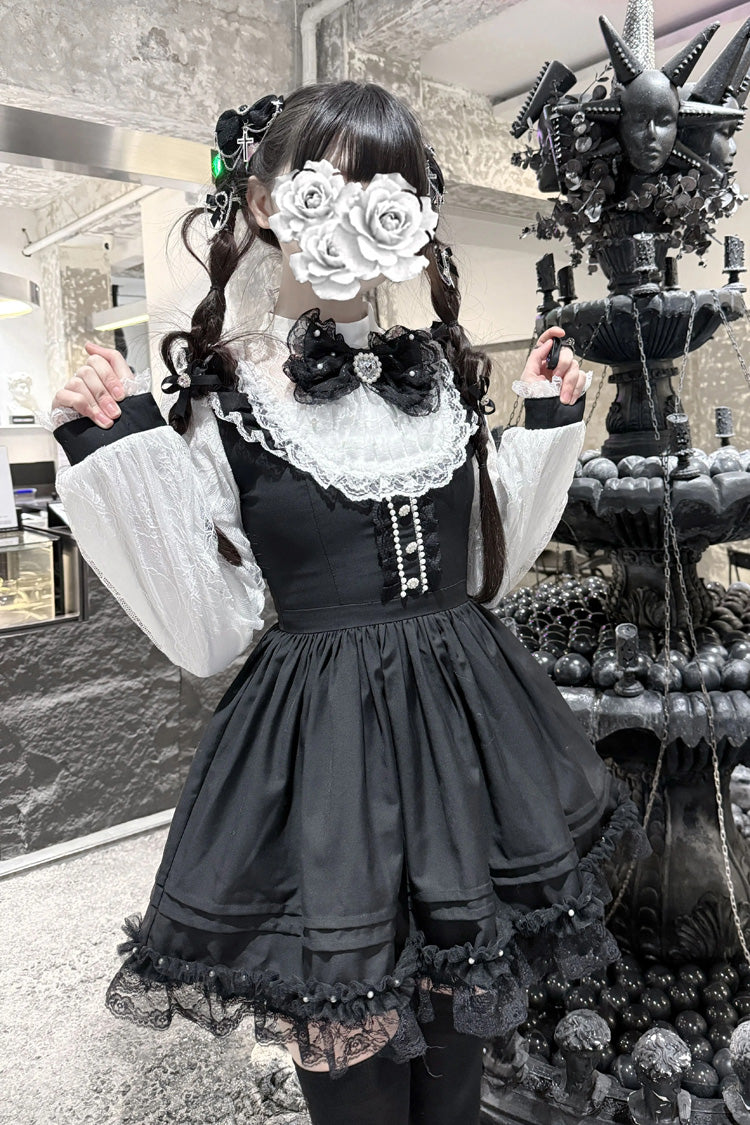 Black/White [Thorn Doll] Long Sleeves Ruffled Bow Pearl-Decorated Gothic Jirai Kei Dress - Black/White - 1
