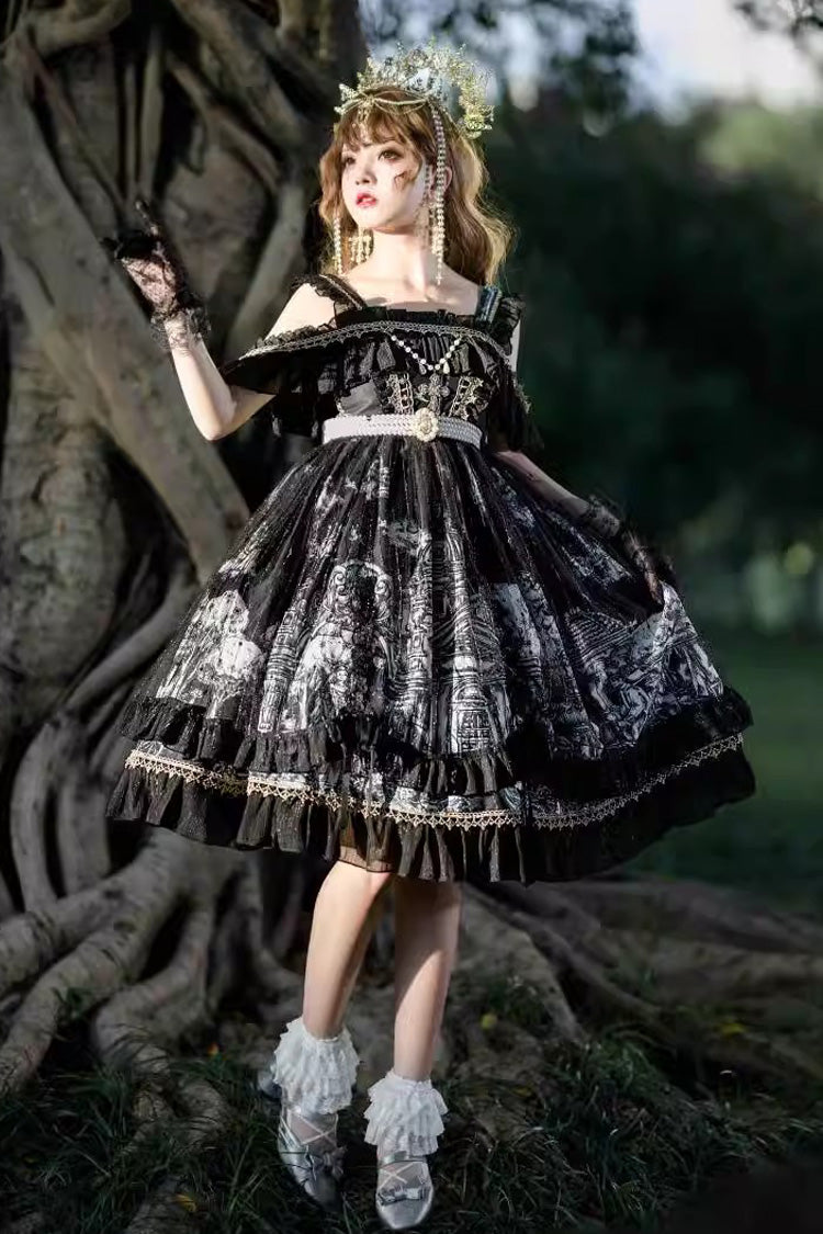 Black [Castle Feast] Print Ruffle Bowknot Gothic Princess Lolita Jsk Dress - Black - 1