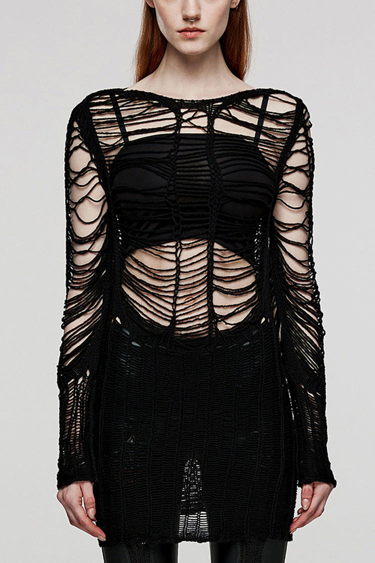 Black Long Sleeves Hollow Sheer Ripped Women's Steampunk Long Sweater - Black - 1