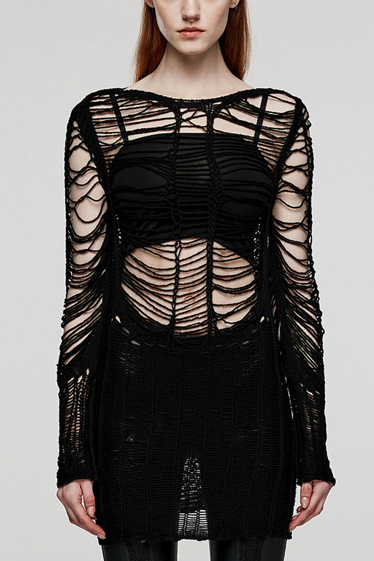 Black Long Sleeves Hollow Sheer Ripped Women's Steampunk Long Sweater - Black - 1