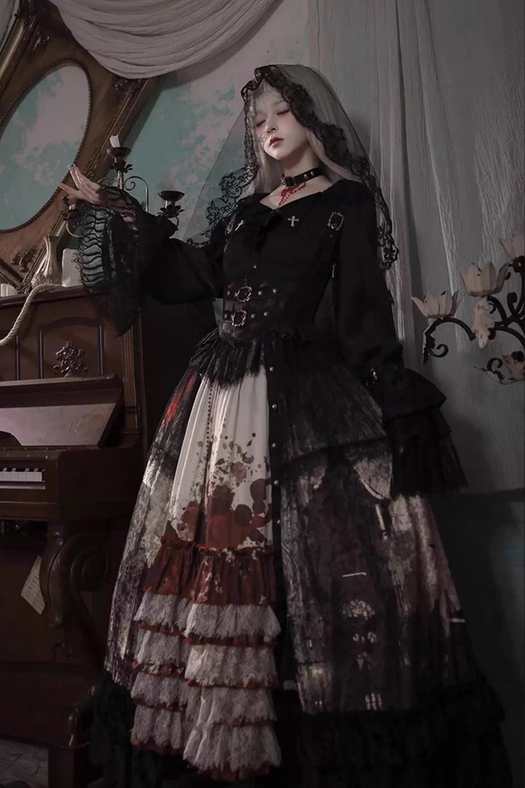 [Heretical Nun] Sleeveless Multi-Layered Printed Ruffled Open-Front Gothic Plus Size Lolita Strap Dress Long Version 2 Colors - Product - 3