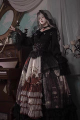 [Heretical Nun] Sleeveless Multi-Layered Printed Ruffled Open-Front Gothic Plus Size Lolita Strap Dress Long Version 2 Colors - Product - 3