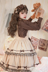 Khaki [Cute Bear] Embroidery Print Sleeveless Double-Layered Ruffle Bowknot Sweet Lolita Jsk Dress - Product - 7