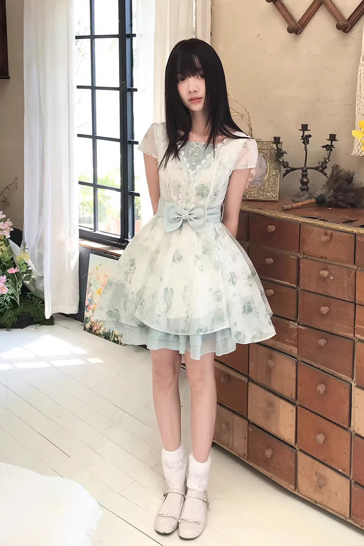 Green Short Sleeves Floral Printed Bow Lace Sweet Princess Lolita Dress - Product - 4