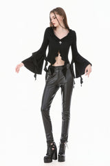 Black Cross Ruffled V Collar Irregular Split Long Trumpet Sleeves Women's Gothic Crop Top with Streamer - Product - 9