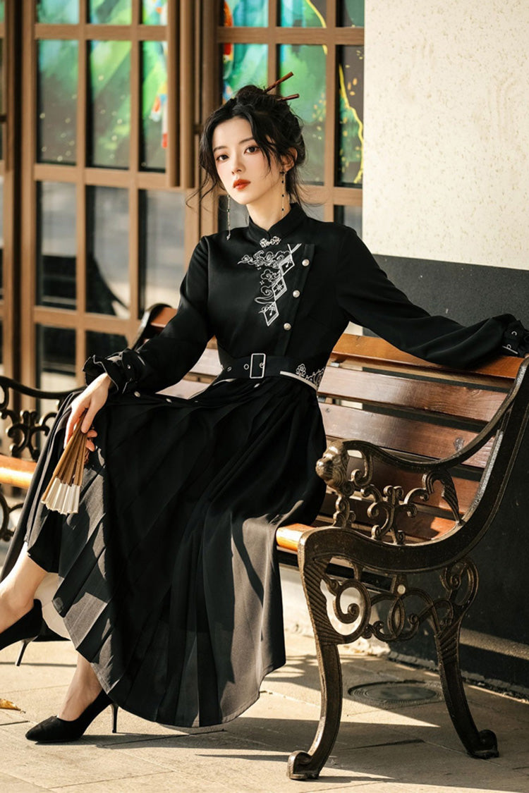 Black Mysterious Long Sleeves Chinese Style Single Breasted High Waisted Print Hanfu Dress - Product - 8