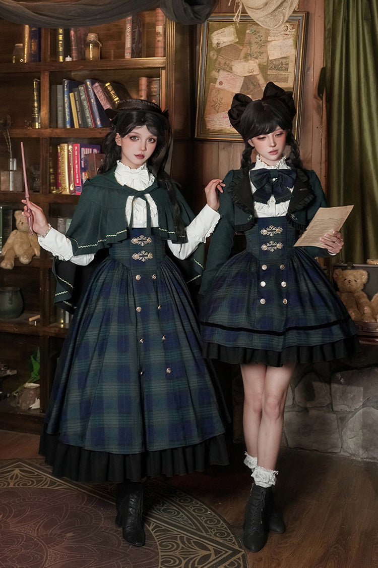 Blue/Green [Berlin's letter] Double-Layered Plaid Print Ruffle Bowknot Classic College Style Lolita Strap Dress Set 2 Versions - Product - 23