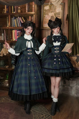 Blue/Green [Berlin's letter] Double-Layered Plaid Print Ruffle Bowknot Classic College Style Lolita Strap Dress Set 2 Versions - Product - 23