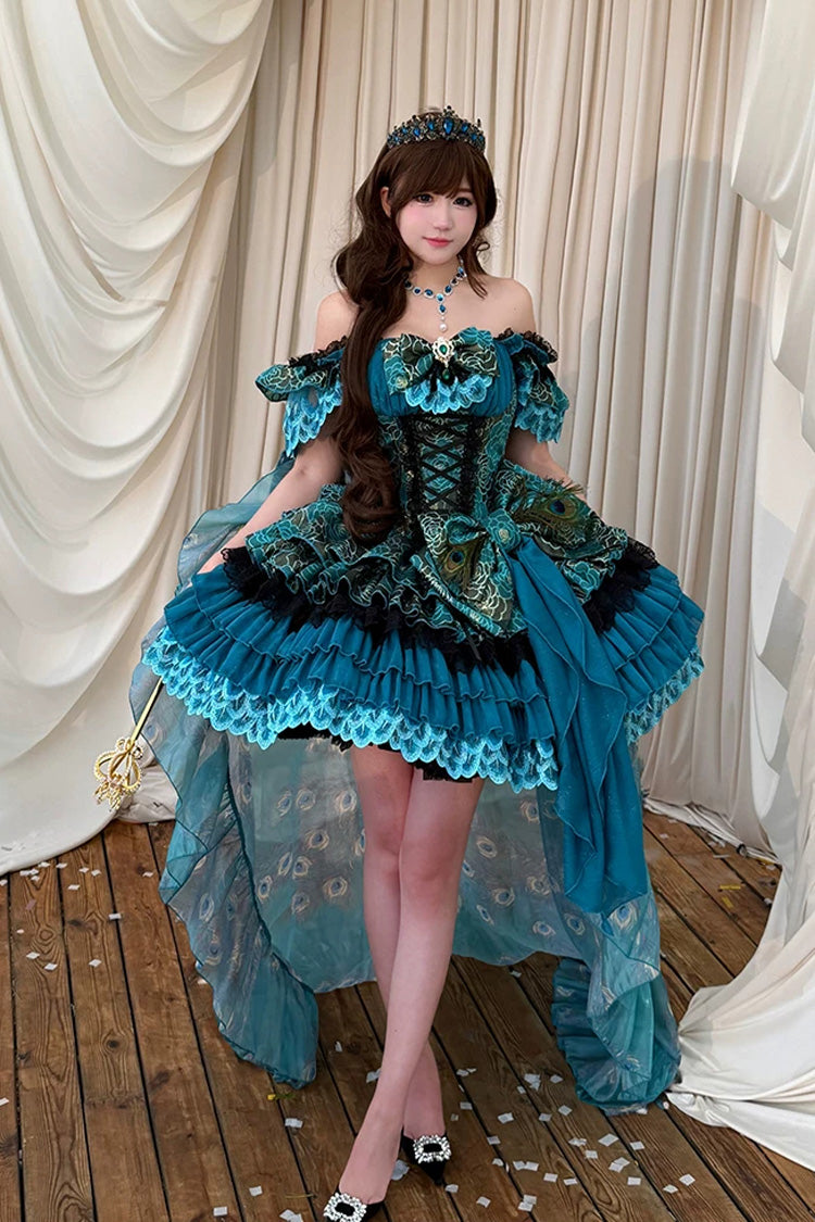 Blue/Green [Peacock Spirit Princess] Sleeveless Multi-Layered Ruffled Bow Lace-Up Classic Elegant Lolita Jsk Dress - Product - 3