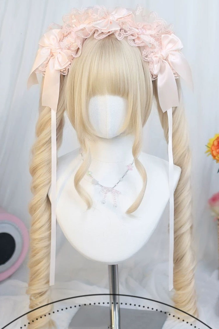 Long Roman Ringlet Curls with Twin Pigtails Sweet Lolita Wig Set 4 Colors - Pale-Yellow - 4
