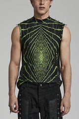Halo Print Sleeveless Stitching Mesh Rivets Mens Steampunk T-Shirt 2 Colors - Black/Green - 4