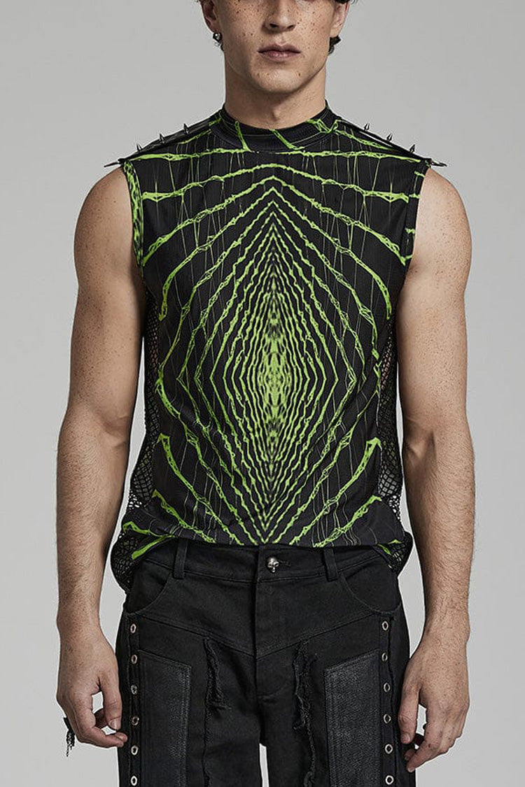 Halo Print Sleeveless Stitching Mesh Rivets Mens Steampunk T-Shirt 2 Colors - Black/Green - 4