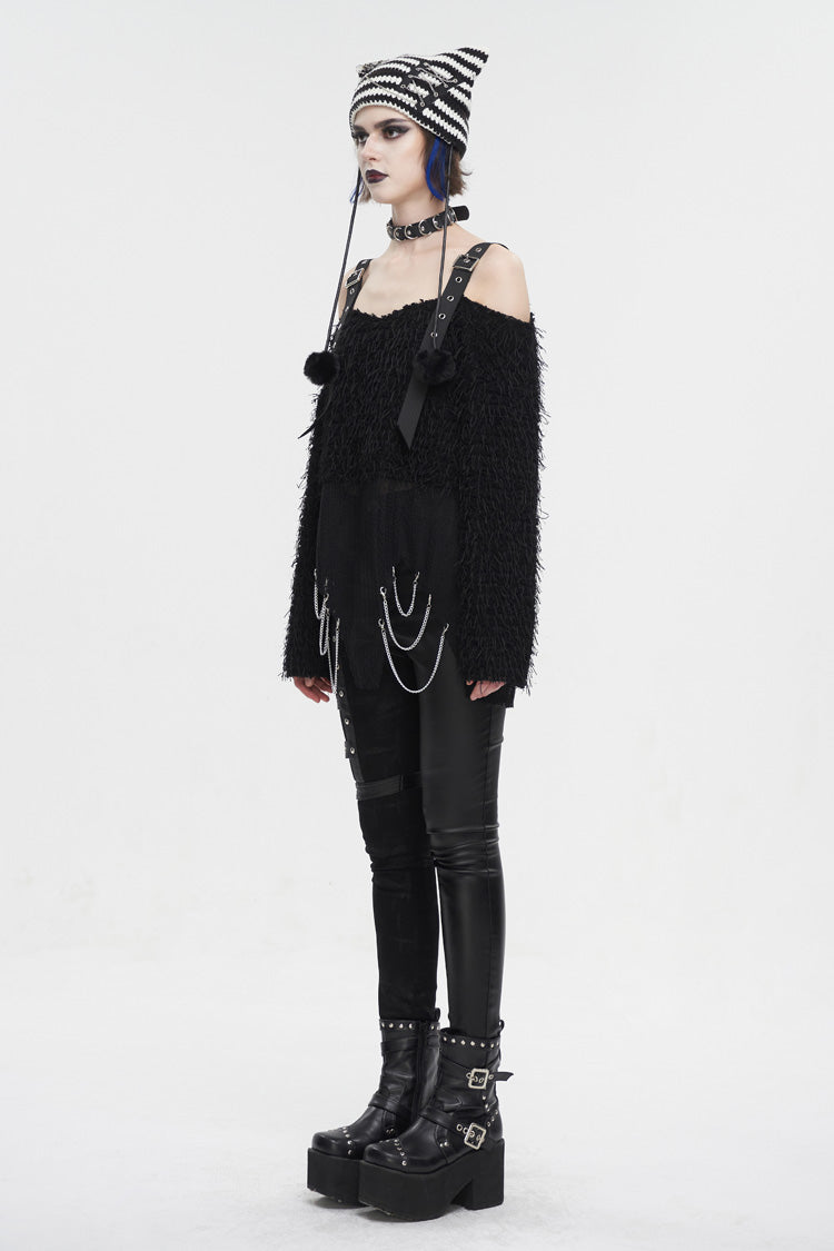 Black Irregular Off Shoulder Fluffy Women's Punk Sweater - Product - 5