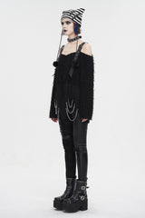 Black Irregular Off Shoulder Fluffy Women's Punk Sweater - Product - 5