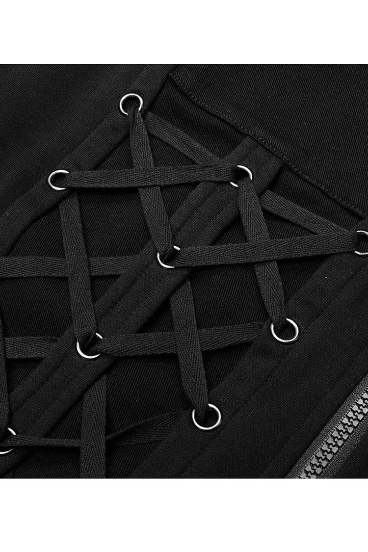 Black Punk Front Lace Up Decoration Long Sleeve Knit Hoodie Men's Coat - Product - 7