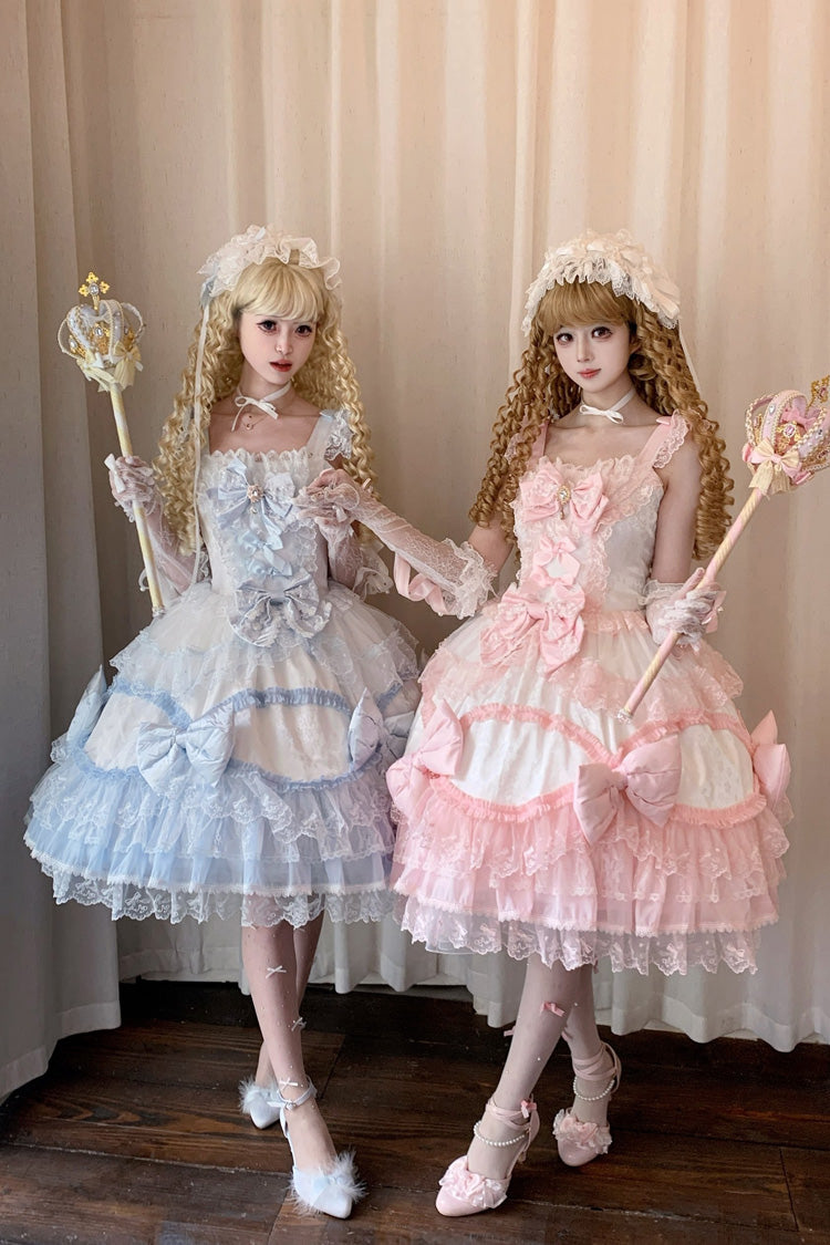 White/Blue [Flower Dream Isle] Square Collar Multi-Layered Ruffled Bow Lace Sweet Lolita Jsk Dress - Product - 7