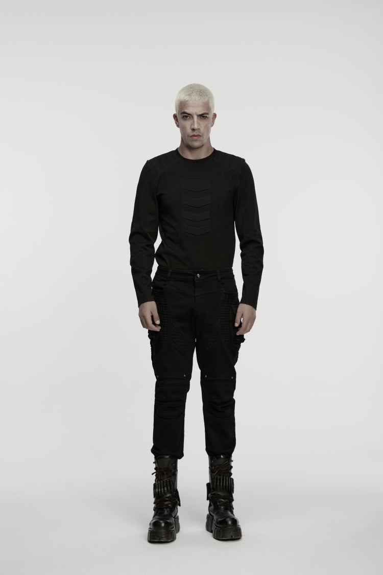 Black Studded Pleated Men's Punk Pants - Black - 1