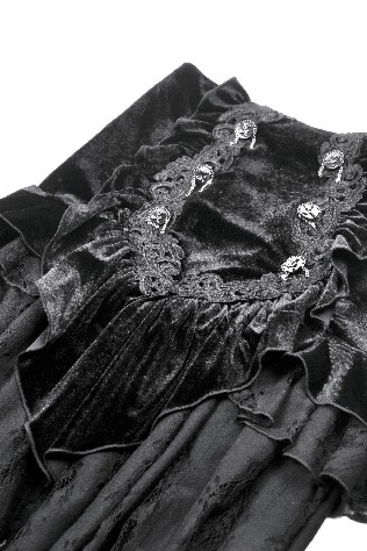 Black Multi-Layered Ruffled Velvet Spliced Lace Lace-Up Women's Gothic Long Skirt - Product - 16