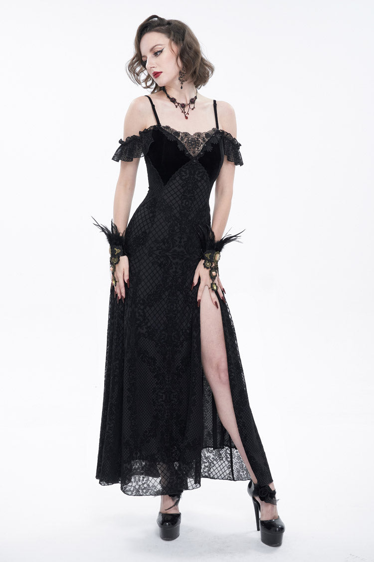 Black Velvet Lace Off Shoulder Ruffled Double Layer Slit Women's Gothic Dresses - Product - 3