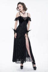 Black Velvet Lace Off Shoulder Ruffled Double Layer Slit Women's Gothic Dresses - Product - 3