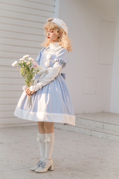 Blue Square Collar Short Sleeves Waist Bow Winter Star Sweet Lolita Dress - Product - 3