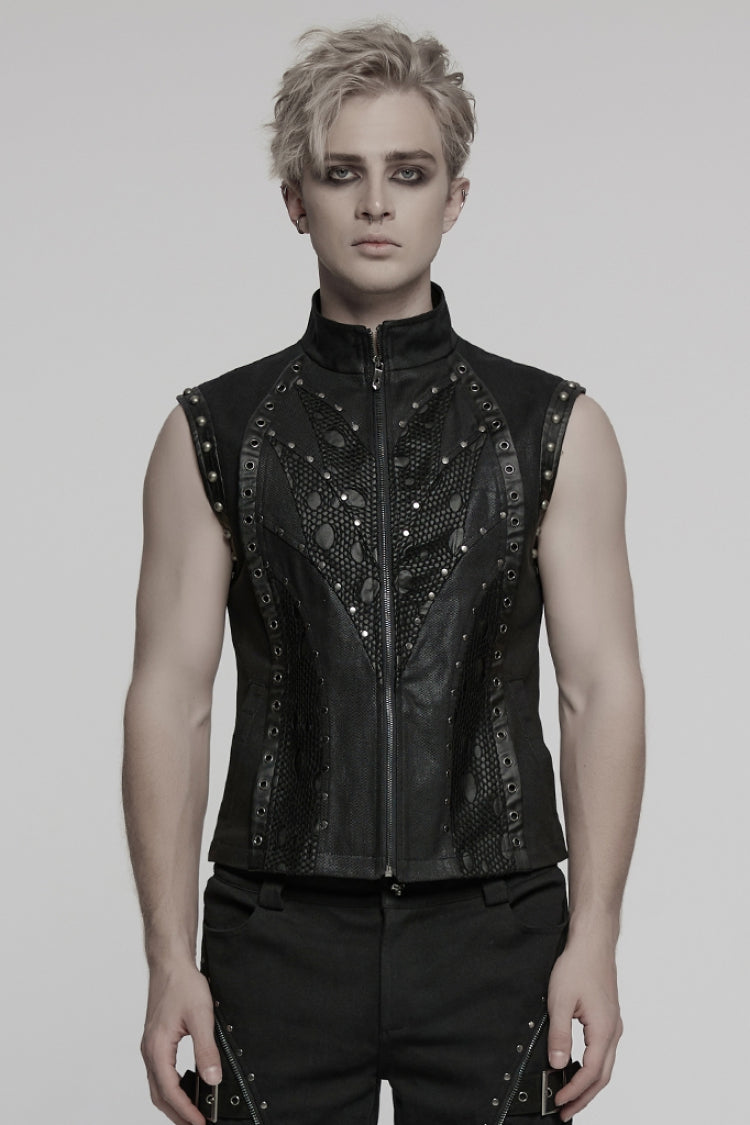 Black Stand Collar Stitching Mesh Men's Punk Vest - Black - 1