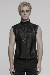 Black Stand Collar Stitching Mesh Men's Punk Vest - Black - 1