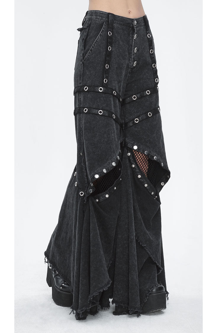Black Mesh Eyelets Ruffled Flared Womens Punk Pants - Product - 3