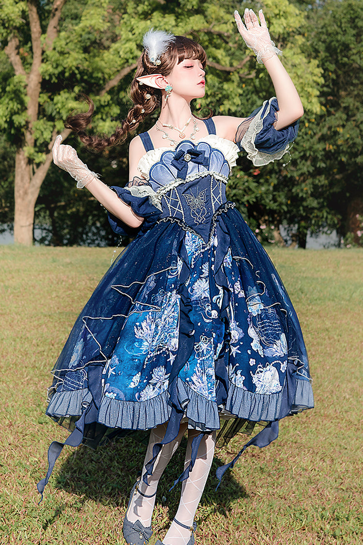 Blue [Deep Sea Jellyfish] Print Ruffle Lace Sweet Elegant Lolita Jsk Dress - Product - 15