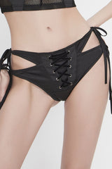 Black Lace-Up Front Middle Cross-Strap Women's Punk Swimsuit Bottoms - Black - 1