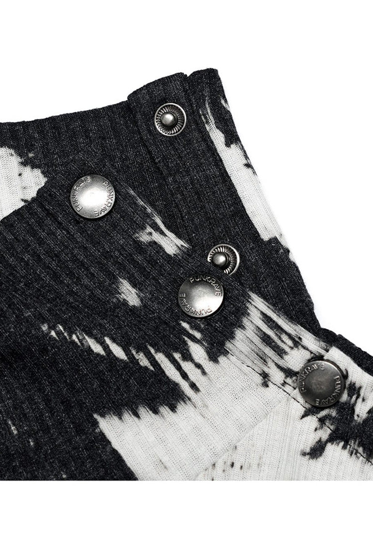 Black/White Punk Asymmetric Metal Buckle Side Button Tie Dye High Neck Basic Long Sleeve Men's Shirt - Product - 8