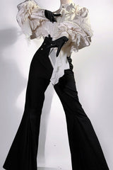 Black [The Rose and the Sword] Stand Collar Long Puff Sleeves Ruffled Embroidered Bow Classic Gothic Prince Ouji Lolita Pants Set - Product - 9