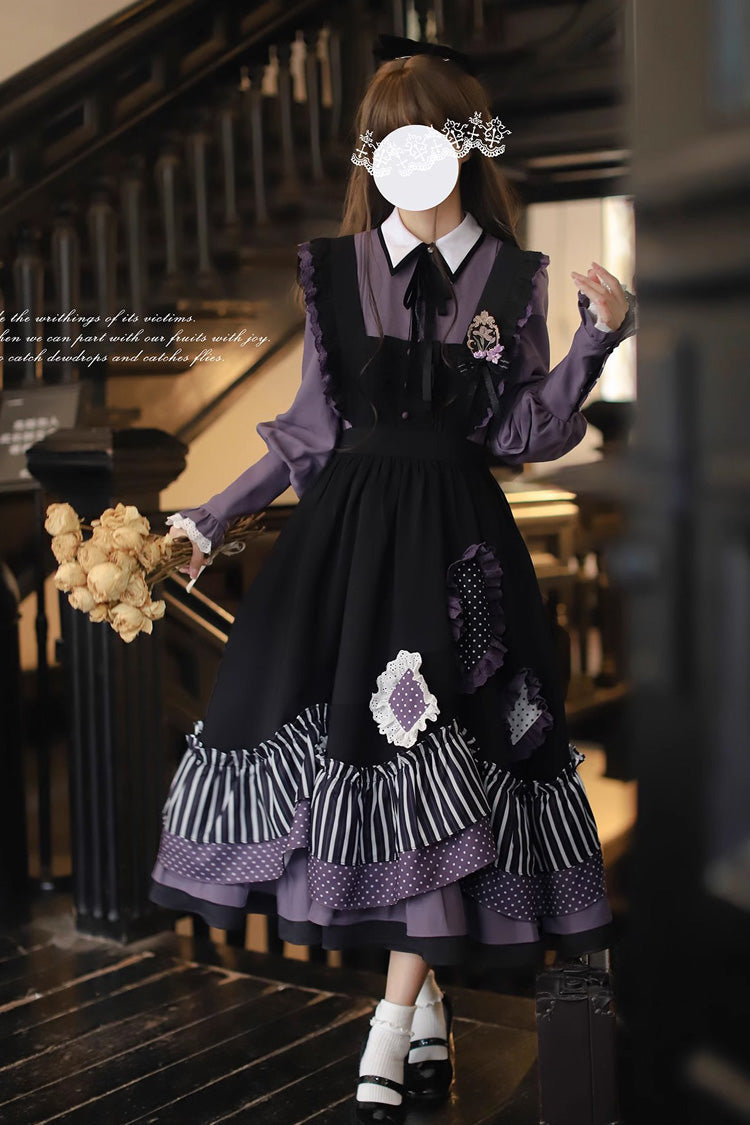 Black [Witch Academy] Double-Layered Stripe Print Ruffle Bowknot Irregular Sweet Lolita Jumper Dress - Product - 3