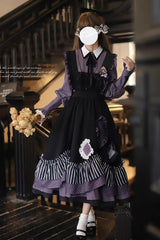 Black [Witch Academy] Double-Layered Stripe Print Ruffle Bowknot Irregular Sweet Lolita Jumper Dress - Product - 3