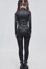 Black Punk Stretch Knitted Fabric Chest Cutout Design Buckle Strap Decoration Long Sleeve Women's Shirt - Product - 8
