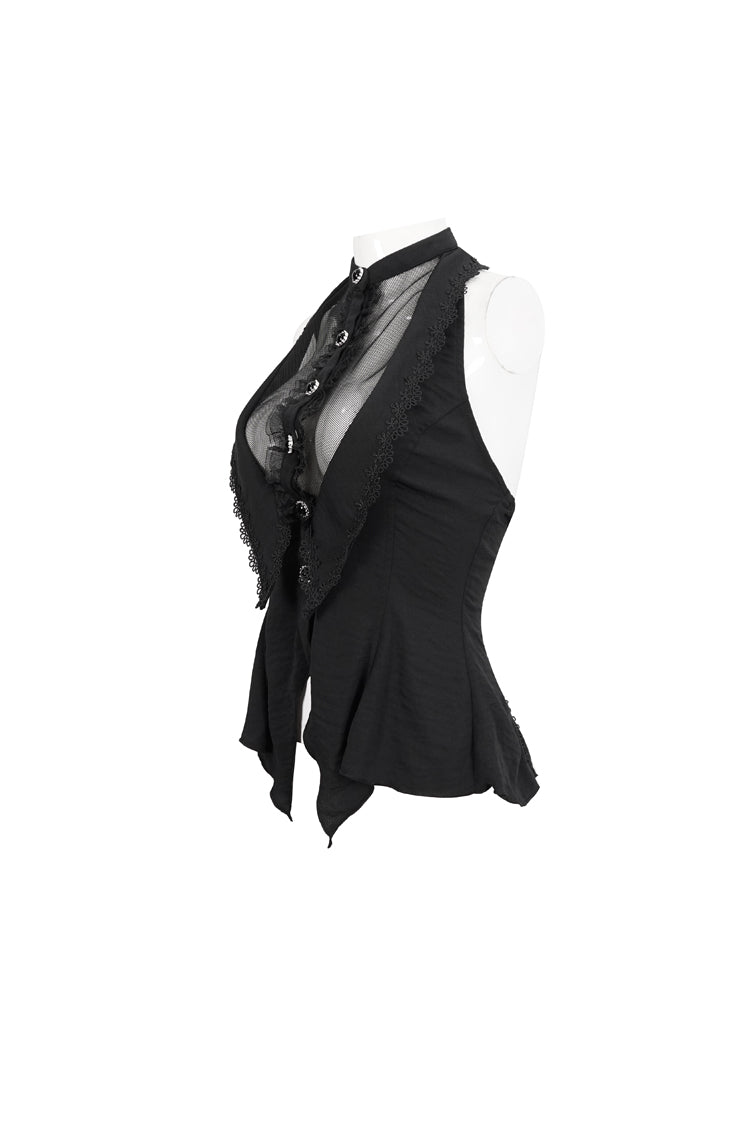 Black Chiffon Sleeveless Front Lace Back Drawstring Straps Women's Punk Shirt - Product - 7