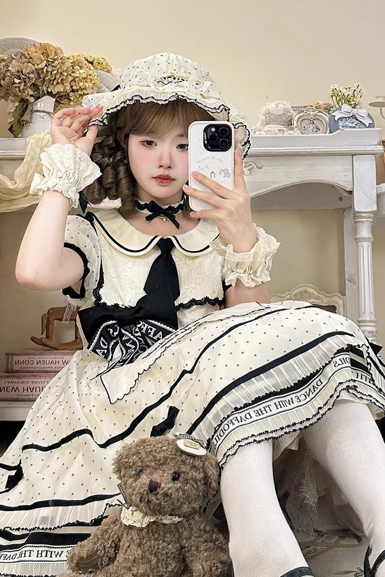 Beige [William Wordsworth’s Lyric Poetry] Doll Collar Polka Dots Printed Lace Sweet Princess Lolita Dress - Product - 3