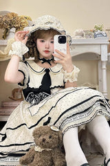 Beige [William Wordsworth’s Lyric Poetry] Doll Collar Polka Dots Printed Lace Sweet Princess Lolita Dress - Product - 3