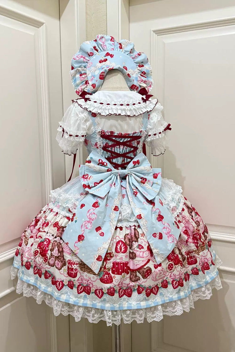 Red/Blue [Sweet Berry Bunny Bear] Printed Bow Lace Lace-Up Sweet Lolita Jsk Dress - Product - 2