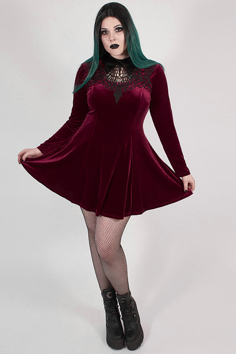Red Velvet Front Chest Hollow-Out Decals Back Lace-Up Long Sleeve Plus Size Women's Gothic Dress - Product - 4