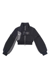 Black [Holographic Cruise] Techwear Long Sleeves Spliced Zippered Gothic Jirai Kei Pants and Short Coat Set - Coat - 6