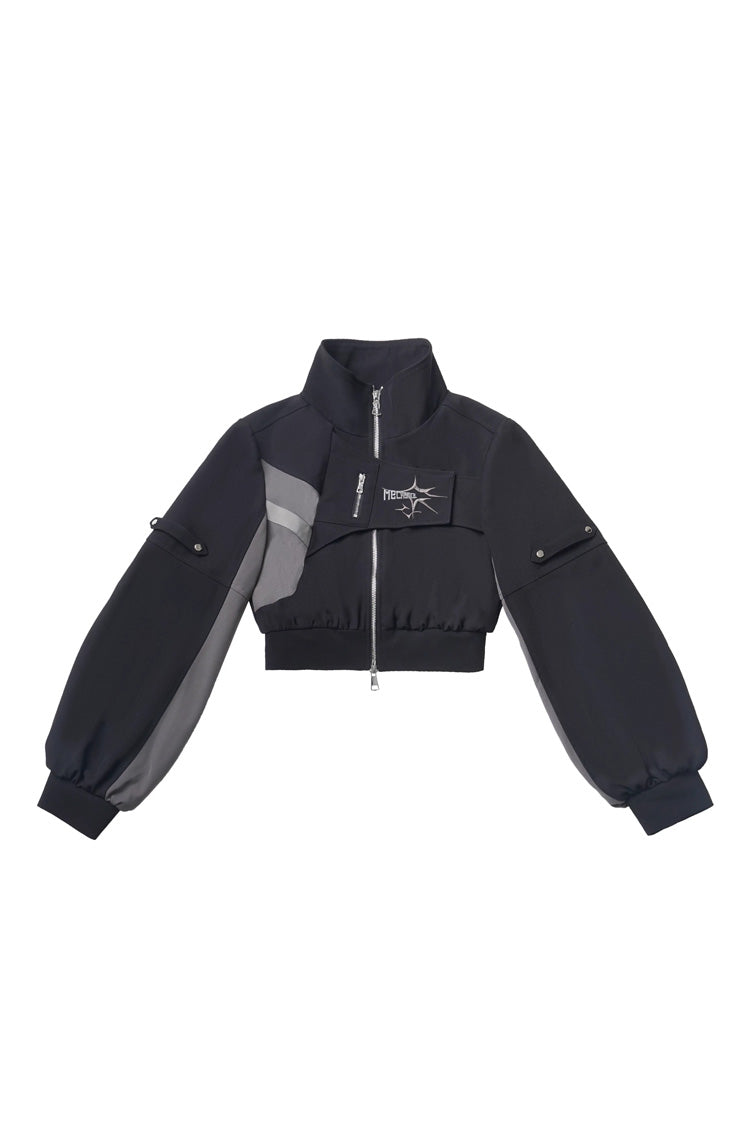 Black [Holographic Cruise] Techwear Long Sleeves Spliced Zippered Gothic Jirai Kei Pants and Short Coat Set - Coat - 6