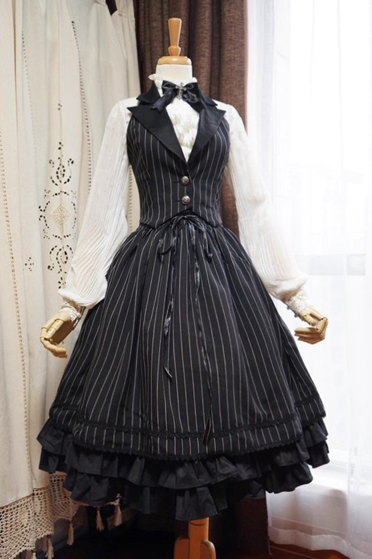 Black V Collar Stripe Print Classic College Style Elegant Lolita Vest - Product - 3